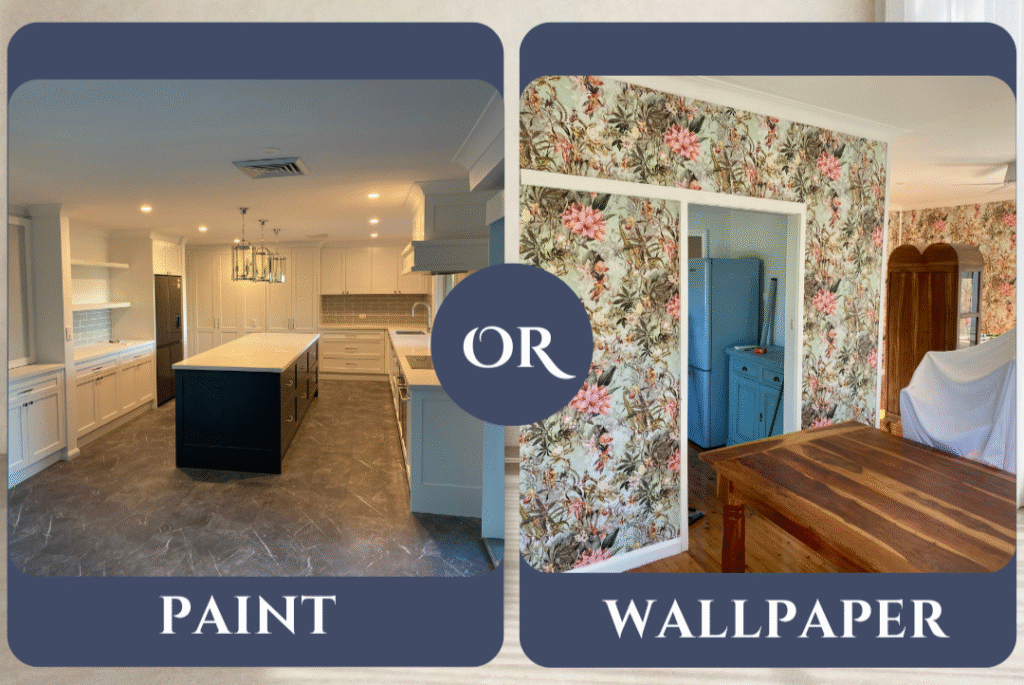 Interior design comparison by Southern Highlands Painting and Wallpapering, showcasing a modern kitchen with painted walls versus a vintage-inspired room with floral wallpaper, asking viewers to choose between paint or wallpaper for their next home renovation.