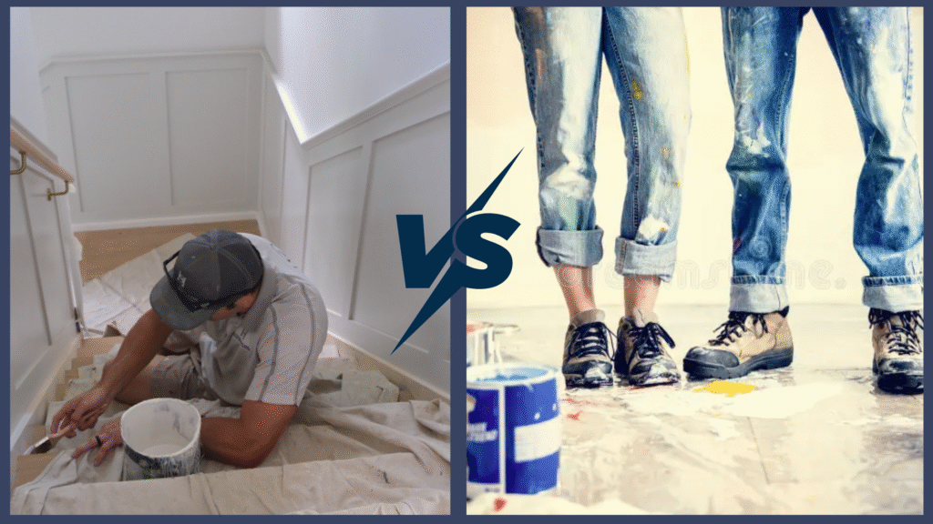 Image of a professional painter with drop sheets and protective clothing next to an image of a couple with paint all over themselves attempting to DIY paint themselves