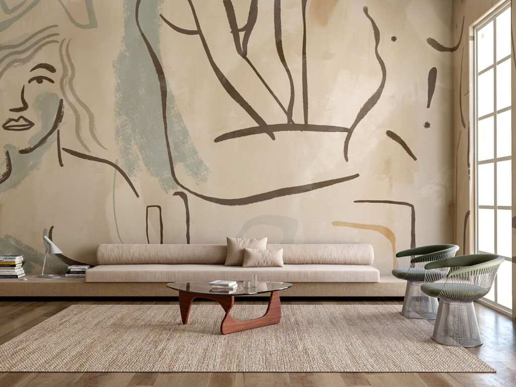 Modern living room with large abstract mural wallpaper, neutral tones, minimalist sofa, timber flooring and natural light