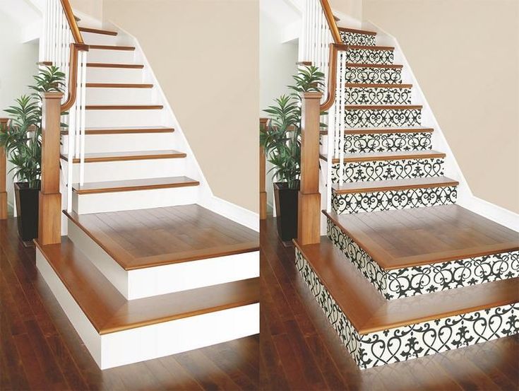 A side by side comparison of a stairway with a wallpaper installation before and after.